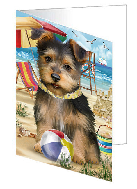 Pet Friendly Beach Australian Terrier Dog Handmade Artwork Assorted Pets Greeting Cards and Note Cards with Envelopes for All Occasions and Holiday Seasons GCD53972