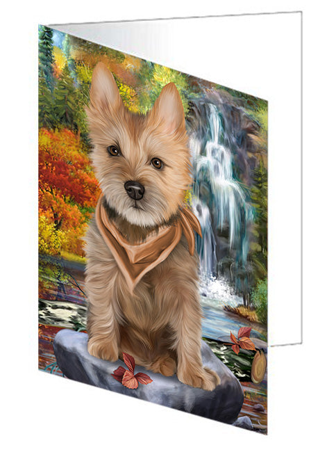 Scenic Waterfall Australian Terrier Dog Handmade Artwork Assorted Pets Greeting Cards and Note Cards with Envelopes for All Occasions and Holiday Seasons GCD54476