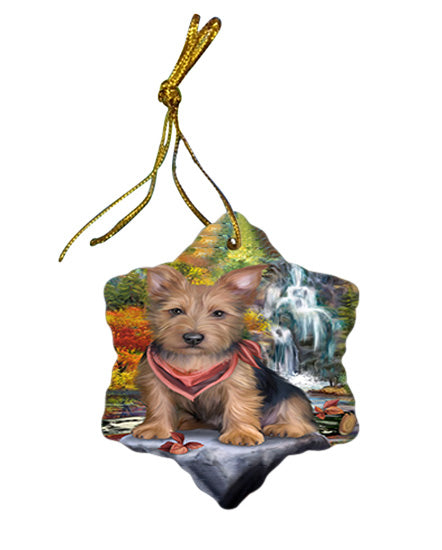 Scenic Waterfall Australian Terrier Dog Star Porcelain Ornament SPOR50142