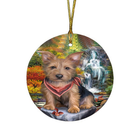 Scenic Waterfall Australian Terrier Dog Round Flat Christmas Ornament RFPOR50141