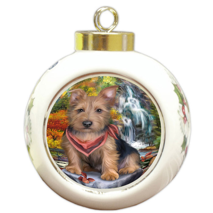 Scenic Waterfall Australian Terrier Dog Round Ball Christmas Ornament RBPOR50150