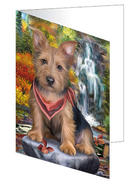Scenic Waterfall Australian Terrier Dog Handmade Artwork Assorted Pets Greeting Cards and Note Cards with Envelopes for All Occasions and Holiday Seasons GCD54479