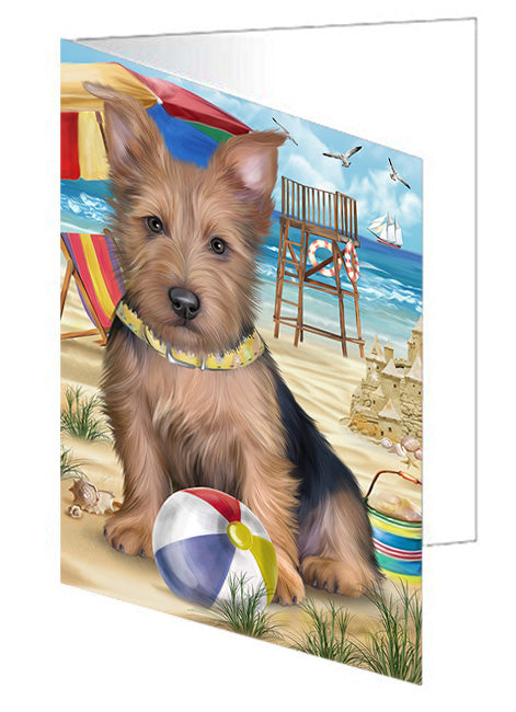 Pet Friendly Beach Australian Terrier Dog Handmade Artwork Assorted Pets Greeting Cards and Note Cards with Envelopes for All Occasions and Holiday Seasons GCD53975