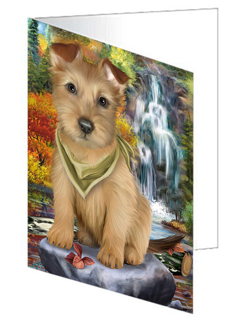 Scenic Waterfall Australian Terrier Dog Handmade Artwork Assorted Pets Greeting Cards and Note Cards with Envelopes for All Occasions and Holiday Seasons GCD54482