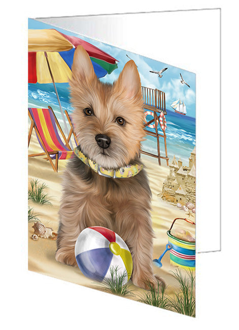 Pet Friendly Beach Australian Terrier Dog Handmade Artwork Assorted Pets Greeting Cards and Note Cards with Envelopes for All Occasions and Holiday Seasons GCD53978