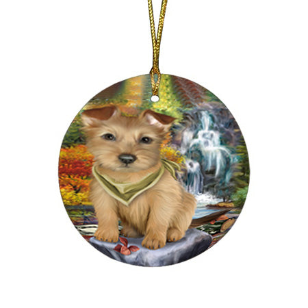 Scenic Waterfall Australian Terrier Dog Round Flat Christmas Ornament RFPOR50142