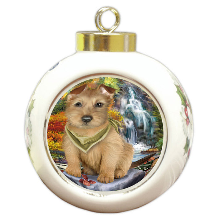 Scenic Waterfall Australian Terrier Dog Round Ball Christmas Ornament RBPOR50151