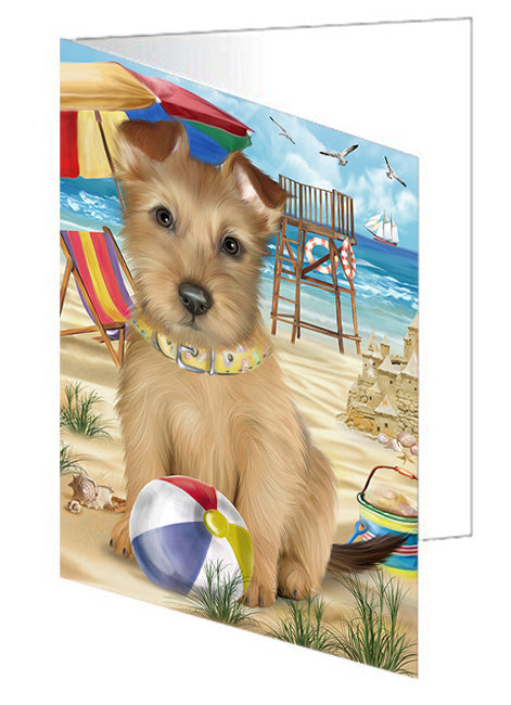 Pet Friendly Beach Australian Terrier Dog Handmade Artwork Assorted Pets Greeting Cards and Note Cards with Envelopes for All Occasions and Holiday Seasons GCD53981