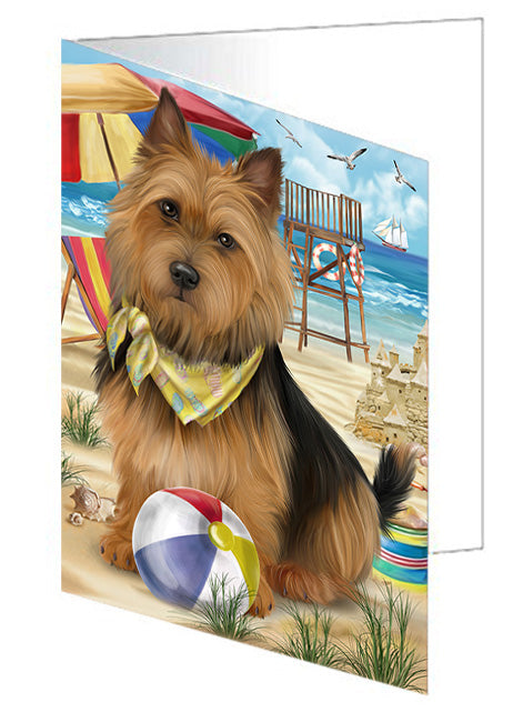 Pet Friendly Beach Australian Terrier Dog Handmade Artwork Assorted Pets Greeting Cards and Note Cards with Envelopes for All Occasions and Holiday Seasons GCD53984