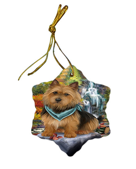 Scenic Waterfall Australian Terrier Dog Star Porcelain Ornament SPOR50144