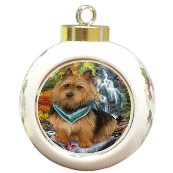 Scenic Waterfall Australian Terrier Dog Round Ball Christmas Ornament RBPOR50152