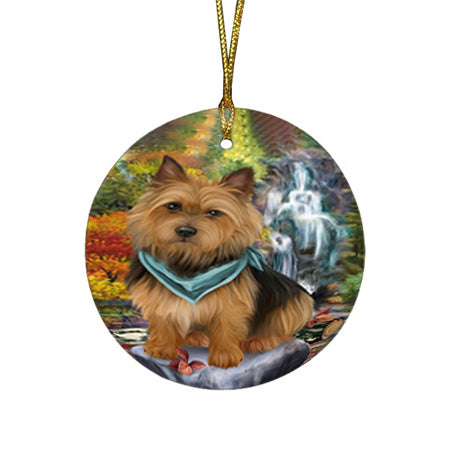 Scenic Waterfall Australian Terrier Dog Round Flat Christmas Ornament RFPOR50143
