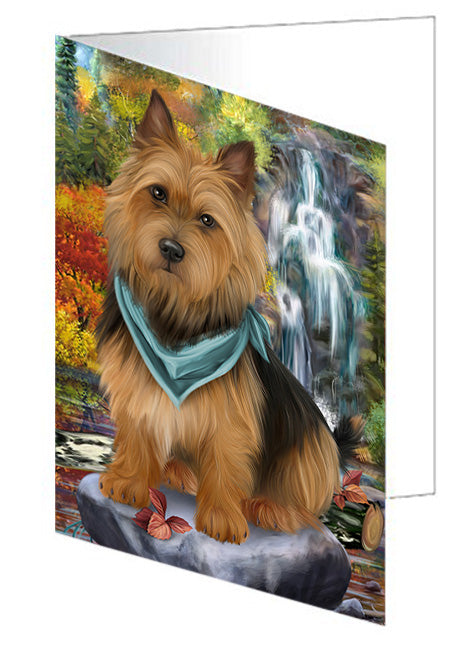 Scenic Waterfall Australian Terrier Dog Handmade Artwork Assorted Pets Greeting Cards and Note Cards with Envelopes for All Occasions and Holiday Seasons GCD54485