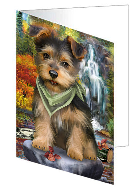 Scenic Waterfall Australian Terrier Dog Handmade Artwork Assorted Pets Greeting Cards and Note Cards with Envelopes for All Occasions and Holiday Seasons GCD54470