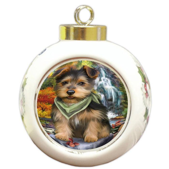 Scenic Waterfall Australian Terrier Dog Round Ball Christmas Ornament RBPOR50147