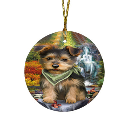 Scenic Waterfall Australian Terrier Dog Round Flat Christmas Ornament RFPOR50138