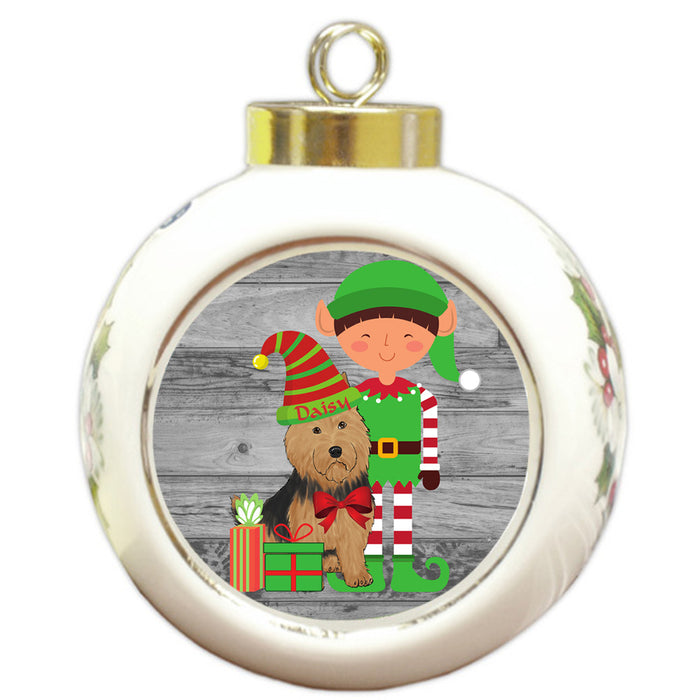 Custom Personalized Australian Terrier Dog Elfie and Presents Christmas Round Ball Ornament