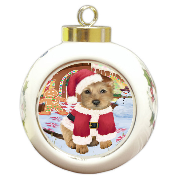 Christmas Gingerbread House Candyfest Australian Terrier Dog Round Ball Christmas Ornament RBPOR56513