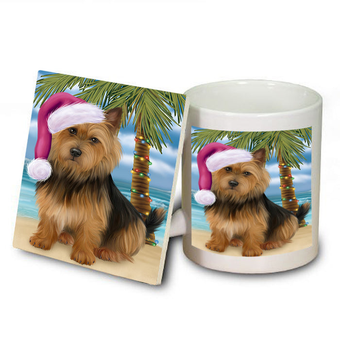 Summertime Happy Holidays Christmas Australian Terrier Dog on Tropical Island Beach Mug and Coaster Set MUC54395