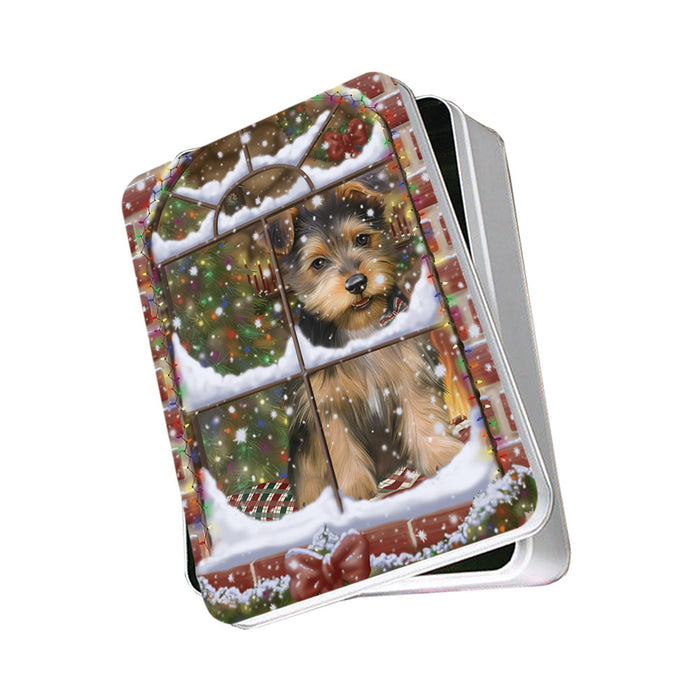 Please Come Home For Christmas Australian Terrier Dog Sitting In Window Photo Storage Tin PITN57526
