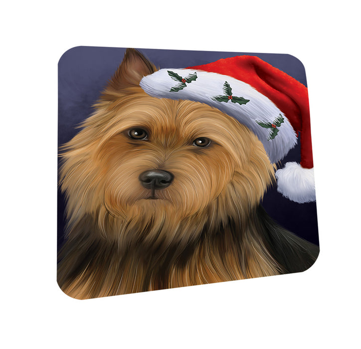 Christmas Holidays Australian Terrier Dog Wearing Santa Hat Portrait Head Coasters Set of 4 CST53447