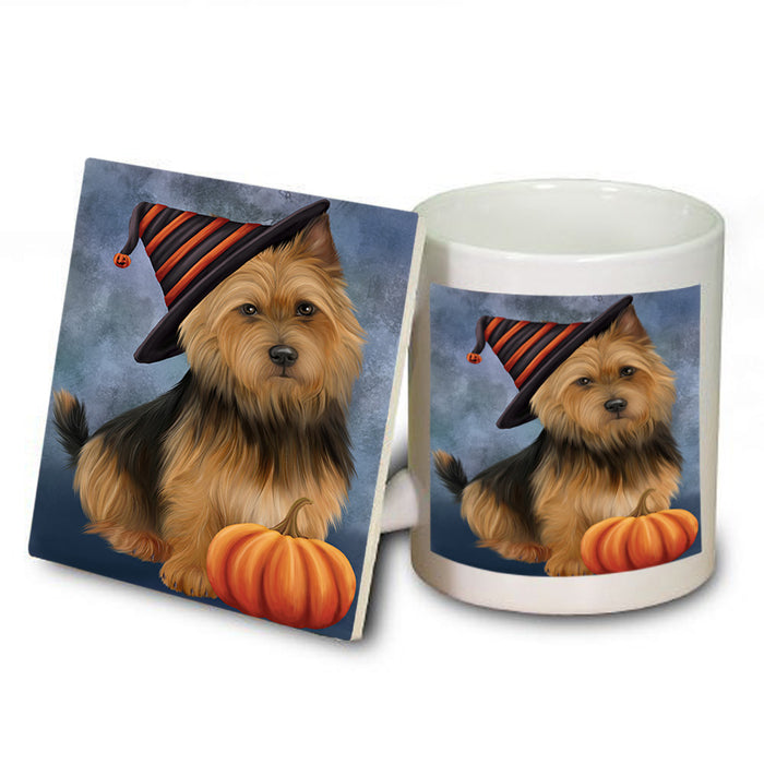 Happy Halloween Australian Terrier Dog Wearing Witch Hat with Pumpkin Mug and Coaster Set MUC54704