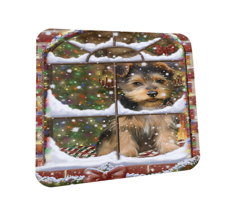 Please Come Home For Christmas Australian Terrier Dog Sitting In Window Coasters Set of 4 CST53570