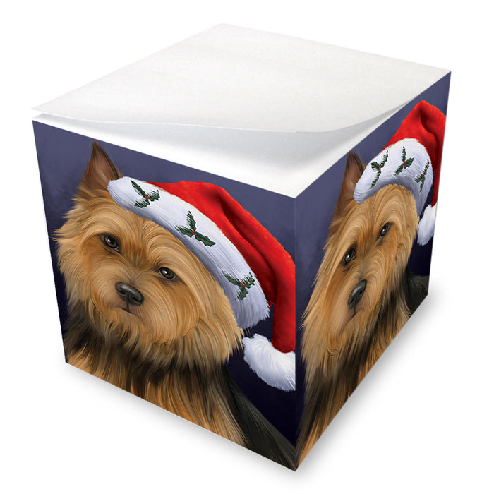 Christmas Holidays Australian Terrier Dog Wearing Santa Hat Portrait Head Note Cube NOC55135