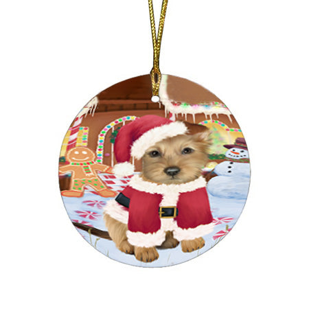 Christmas Gingerbread House Candyfest Australian Terrier Dog Round Flat Christmas Ornament RFPOR56513