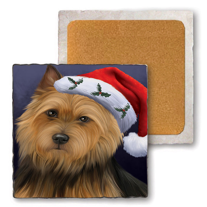 Christmas Holidays Australian Terrier Dog Wearing Santa Hat Portrait Head Set of 4 Natural Stone Marble Tile Coasters MCST48489