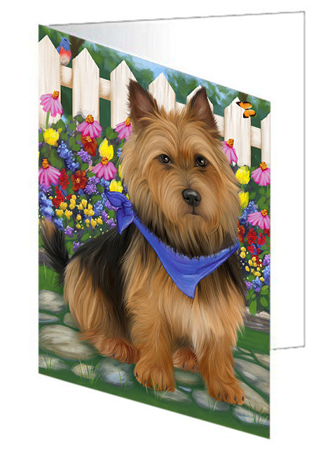 Spring Floral Australian Terrier Dog Handmade Artwork Assorted Pets Greeting Cards and Note Cards with Envelopes for All Occasions and Holiday Seasons GCD60719