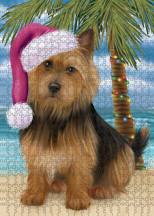 Summertime Happy Holidays Christmas Australian Terrier Dog on Tropical Island Beach Puzzle with Photo Tin PUZL85280