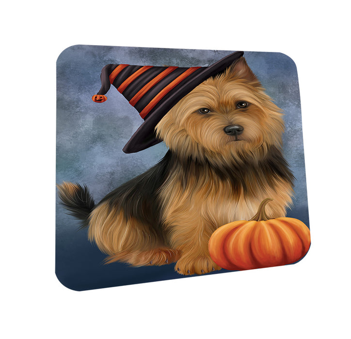 Happy Halloween Australian Terrier Dog Wearing Witch Hat with Pumpkin Coasters Set of 4 CST54670