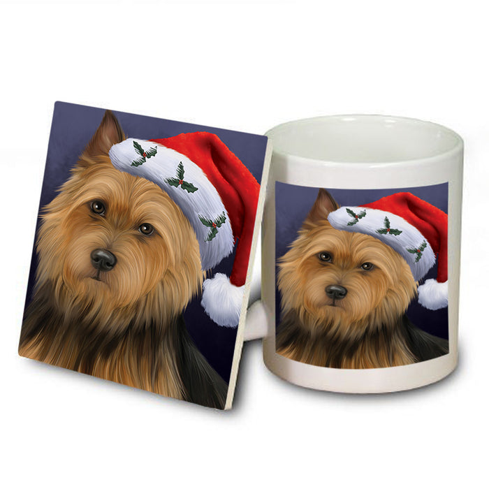 Christmas Holidays Australian Terrier Dog Wearing Santa Hat Portrait Head Mug and Coaster Set MUC53481