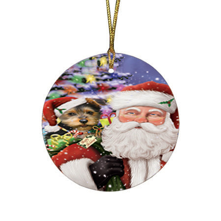 Santa Carrying Australian Terrier Dog and Christmas Presents Round Flat Christmas Ornament RFPOR53660