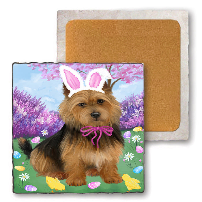 Easter Holiday Australian Terrier Dog Set of 4 Natural Stone Marble Tile Coasters MCST51869