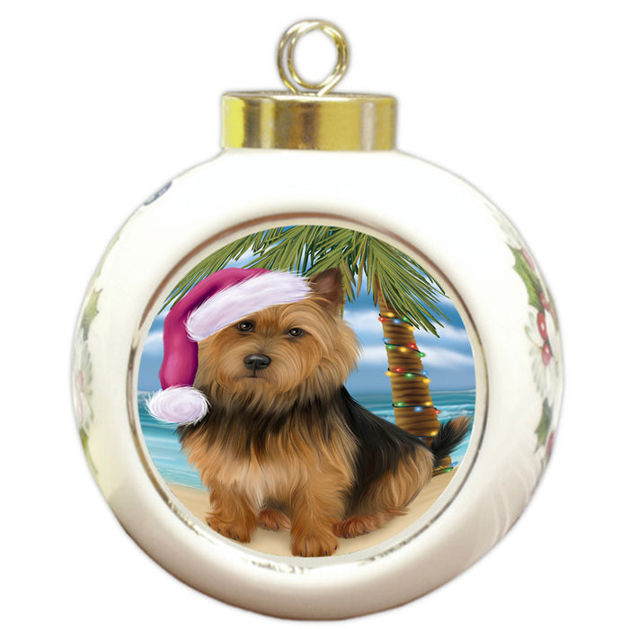 Summertime Happy Holidays Christmas Australian Terrier Dog on Tropical Island Beach Round Ball Christmas Ornament RBPOR54531