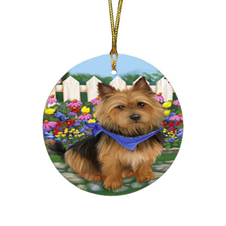 Spring Floral Australian Terrier Dog Round Flat Christmas Ornament RFPOR52221