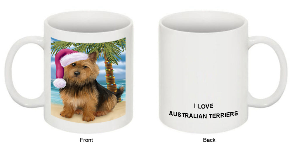 Summertime Happy Holidays Christmas Australian Terrier Dog on Tropical Island Beach Coffee Mug MUG49801