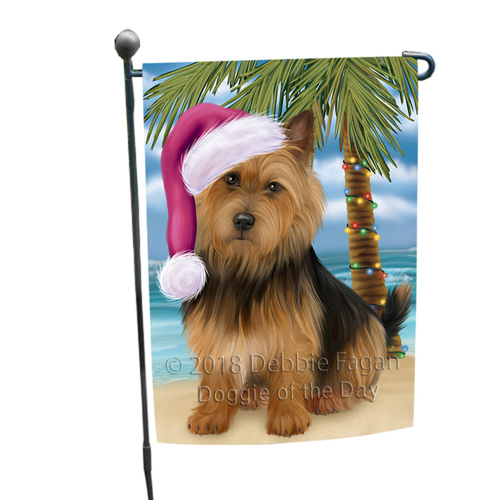 Summertime Happy Holidays Christmas Australian Terrier Dog on Tropical Island Beach Garden Flag GFLG54593