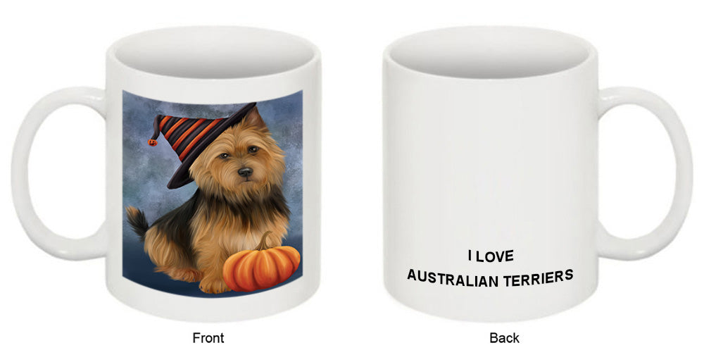Happy Halloween Australian Terrier Dog Wearing Witch Hat with Pumpkin Coffee Mug MUG50110