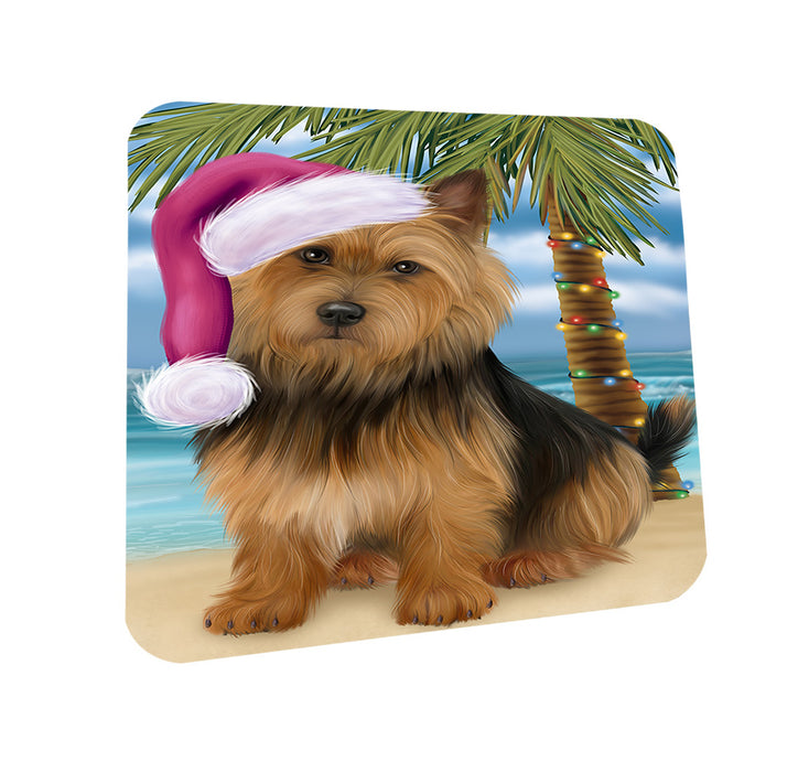Summertime Happy Holidays Christmas Australian Terrier Dog on Tropical Island Beach Coasters Set of 4 CST54361