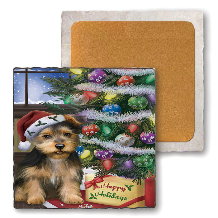 Christmas Happy Holidays Australian Terrier Dog with Tree and Presents Set of 4 Natural Stone Marble Tile Coasters MCST48438