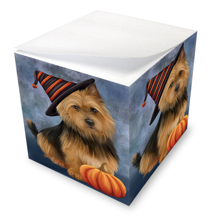 Happy Halloween Australian Terrier Dog Wearing Witch Hat with Pumpkin Note Cube NOC56358