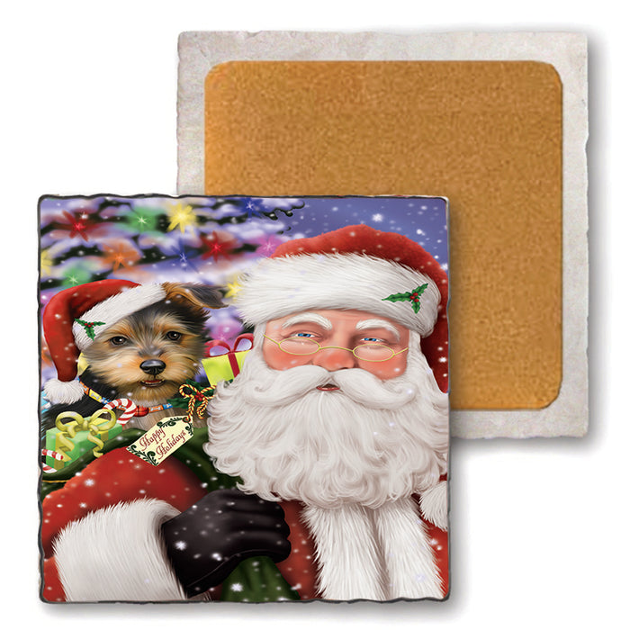 Santa Carrying Australian Terrier Dog and Christmas Presents Set of 4 Natural Stone Marble Tile Coasters MCST48669