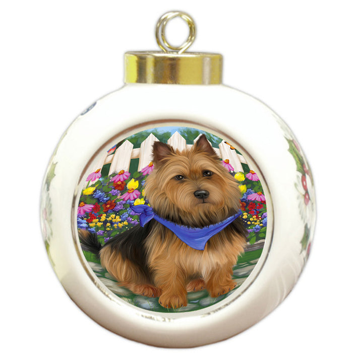 Spring Floral Australian Terrier Dog Round Ball Christmas Ornament RBPOR52230