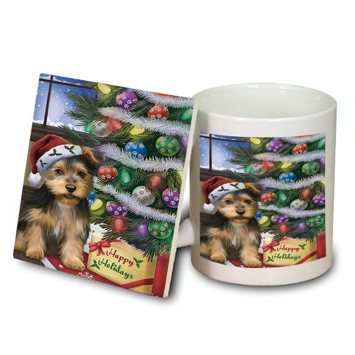 Christmas Happy Holidays Australian Terrier Dog with Tree and Presents Mug and Coaster Set MUC53430