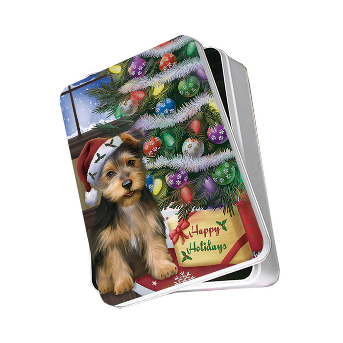 Christmas Happy Holidays Australian Terrier Dog with Tree and Presents Photo Storage Tin PITN53438