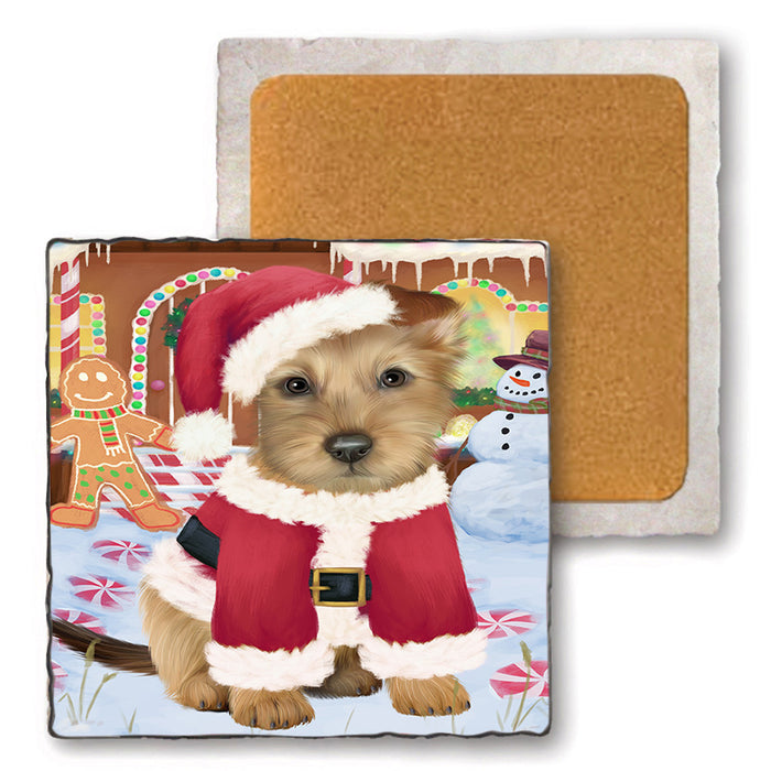 Christmas Gingerbread House Candyfest Australian Terrier Dog Set of 4 Natural Stone Marble Tile Coasters MCST51157