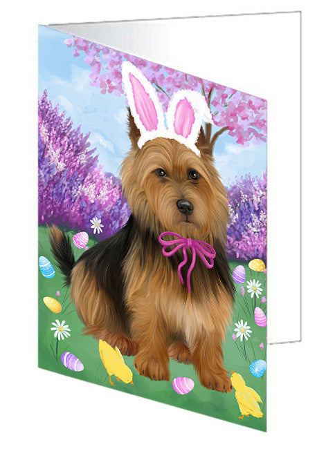 Easter Holiday Australian Terrier Dog Handmade Artwork Assorted Pets Greeting Cards and Note Cards with Envelopes for All Occasions and Holiday Seasons GCD76121